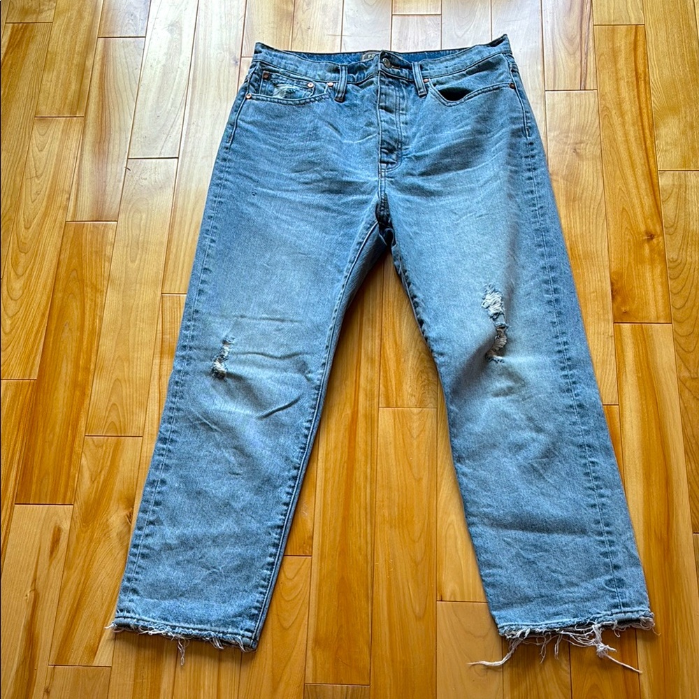 J Crew point sur distressed button fly light wash denim straight leg jeans